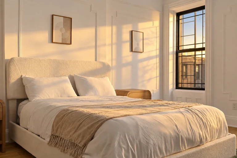 White upholstered bed with a beige throw, geometric prints and a tall black-framed window.