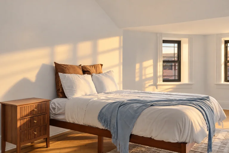 Close view of a wood bed with white linens, brown pillows and a blue throw in golden-hour light.